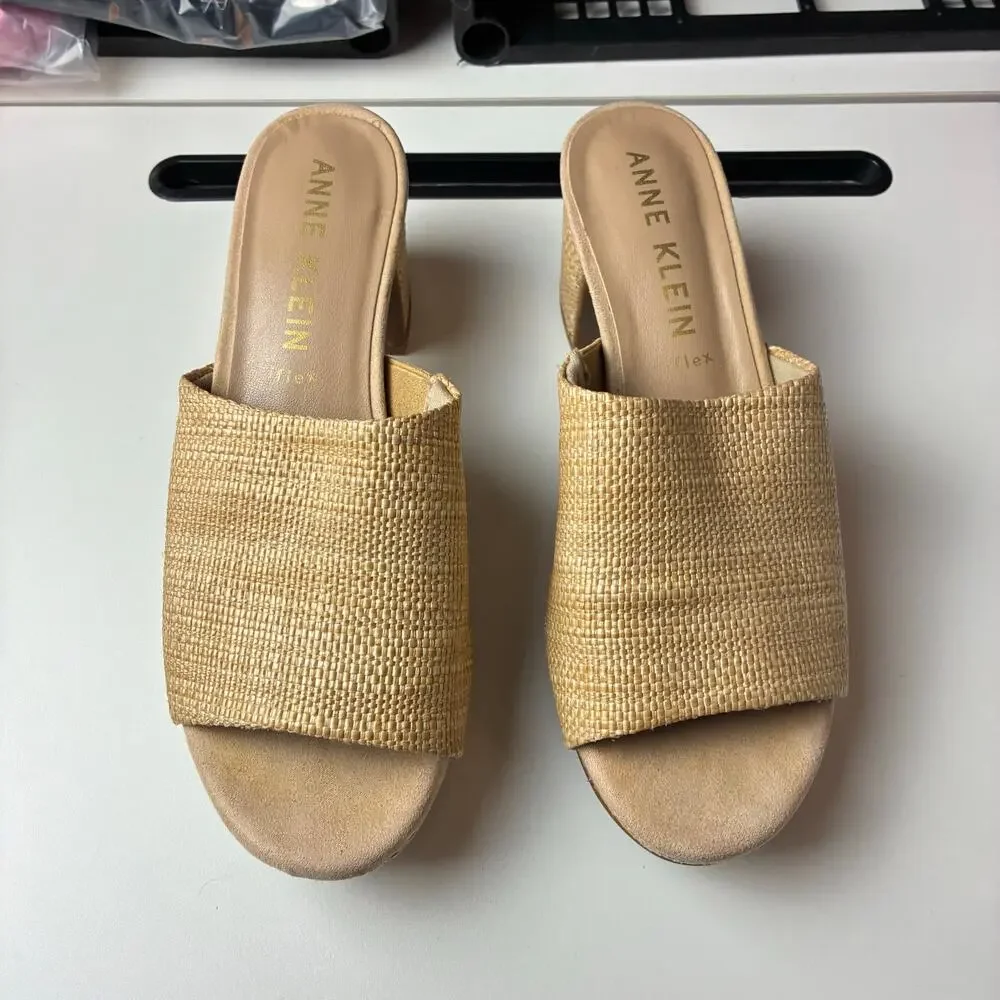 Anne Klein Payge Raffia Block Platform Heels Slip On Sandals 7.5 iFlex Stretch